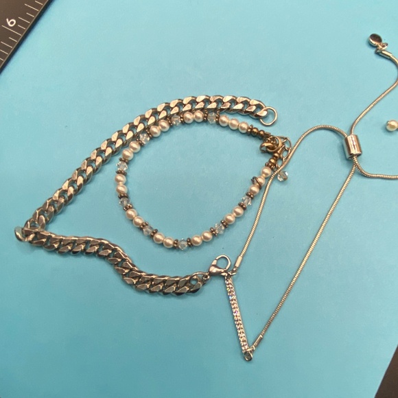 Silver Tone Bracelets Lot Of 3 Chain Slider Faux Beads - Picture 2 of 8